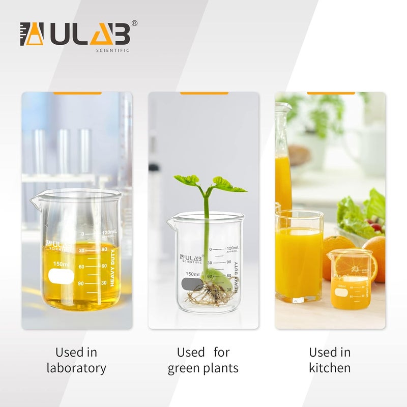 ULAB Heavy Duty Glass Beakers, 12pcs of Vol.150ml(5.07oz), Borosilicate 3.3 Glass, Thick Wall Beakers, with Double Scale, Superior Durability & Chemical Resistance, UBG1054 - Image 5